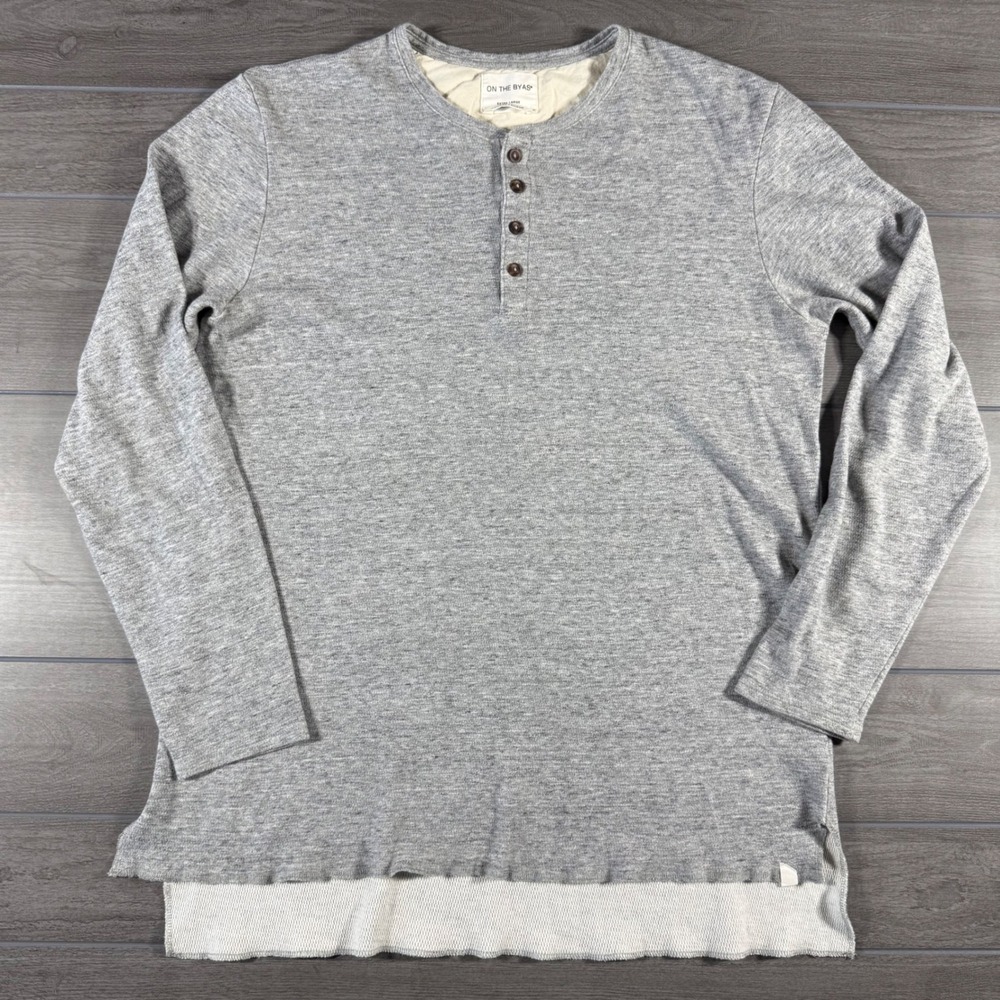 On The Byas Henley Shirt XL Grey Longer Length Layered Hem Long Sleeve